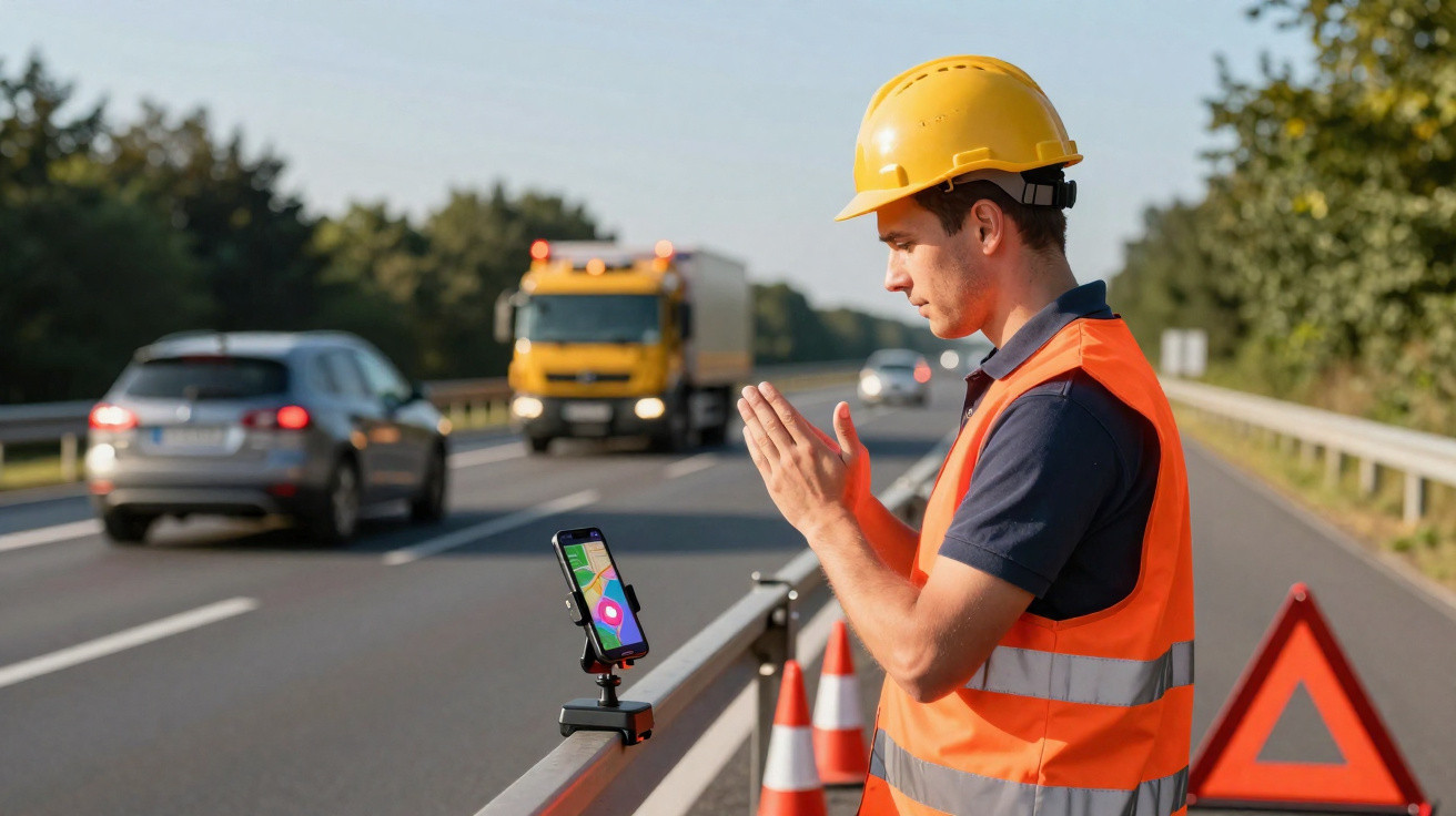 Homem com capacete e colete laranja usando celular fixado em suporte à beira de estrada movimentada.