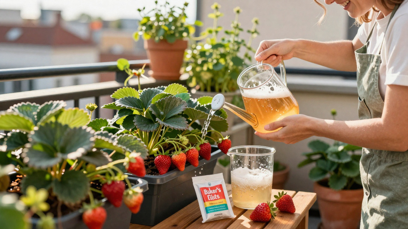 Pessoa regando plantas de morango em vasos, com molhadeira e saco de fertilizante na mesa.