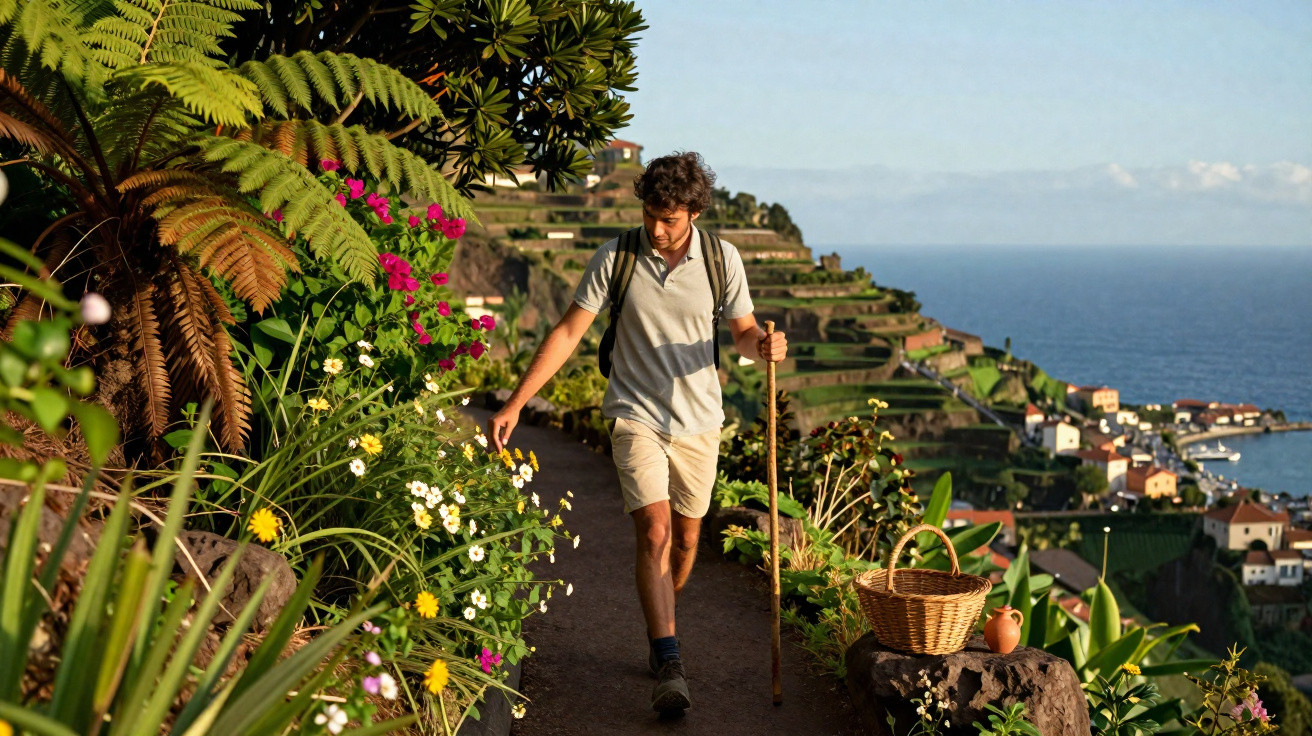Homem caminhando com bastão em trilha cercada por flores e vegetação, com vista para o mar e casas ao fundo.