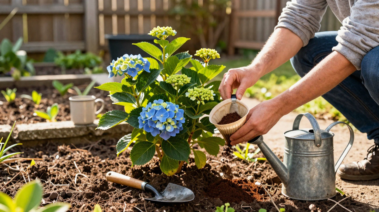 Pessoa adubando hortênsia azul recém-plantada em jardim ensolarado, com regador e pá ao lado.