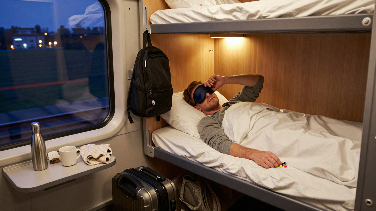 Homem deitado na cama inferior de cabine de trem, usando máscara de dormir, com mochila e mala ao lado.