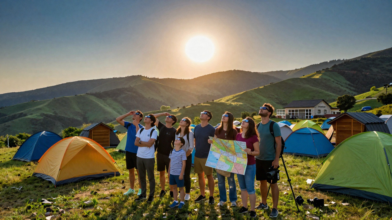 Grupo de pessoas em acampamento em montanha observando o sol com óculos especiais durante eclipse solar.
