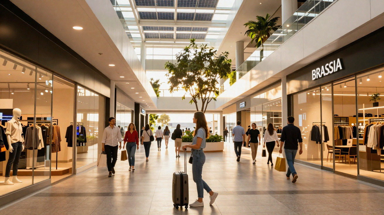 Shopping moderno com pessoas caminhando e lojas iluminadas em ambiente espaçoso e bem decorado.