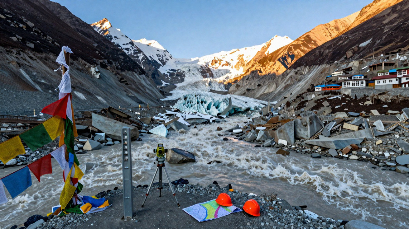 Rio caudaloso entre montanhas rochosas com neve, bandeiras coloridas e equipamentos no primeiro plano.