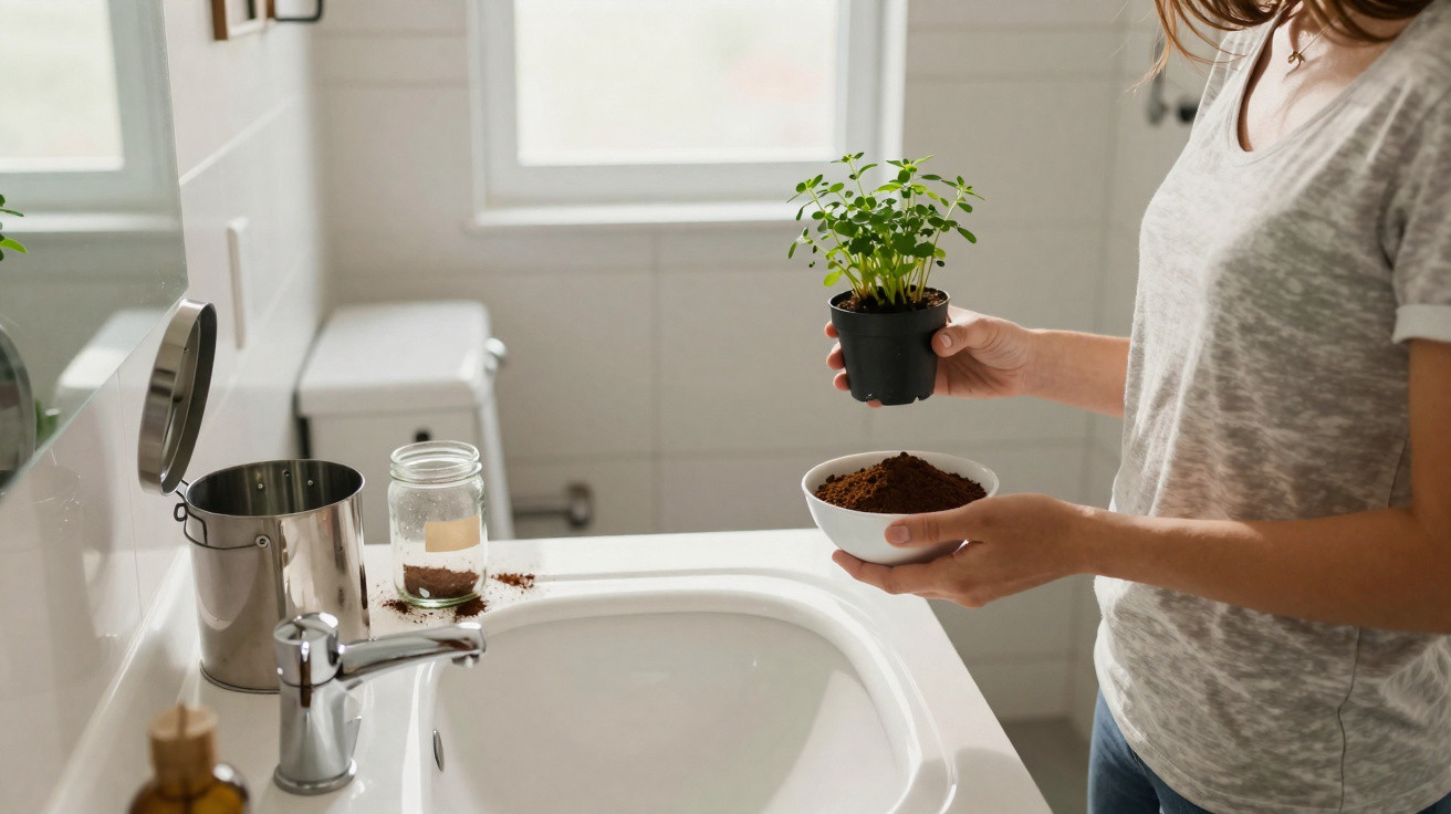 Pessoa transplantando muda de planta em vaso pequeno em banheiro claro com pia branca e janela ao fundo.