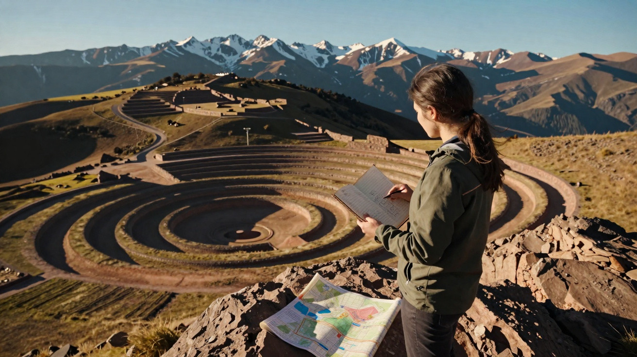 Mulher observando as ruínas circulares de Moray nas montanhas com caderno e mapa na mão.