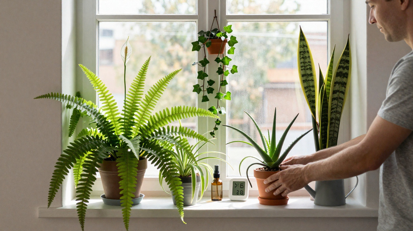 Homem regando plantas variadas em vasos no parapeito de janela com luz natural.