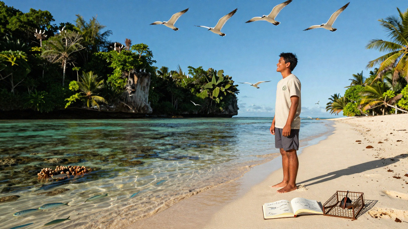 Homem em pé na praia observando gaivotas voando sobre mar cristalino e vegetação tropical.