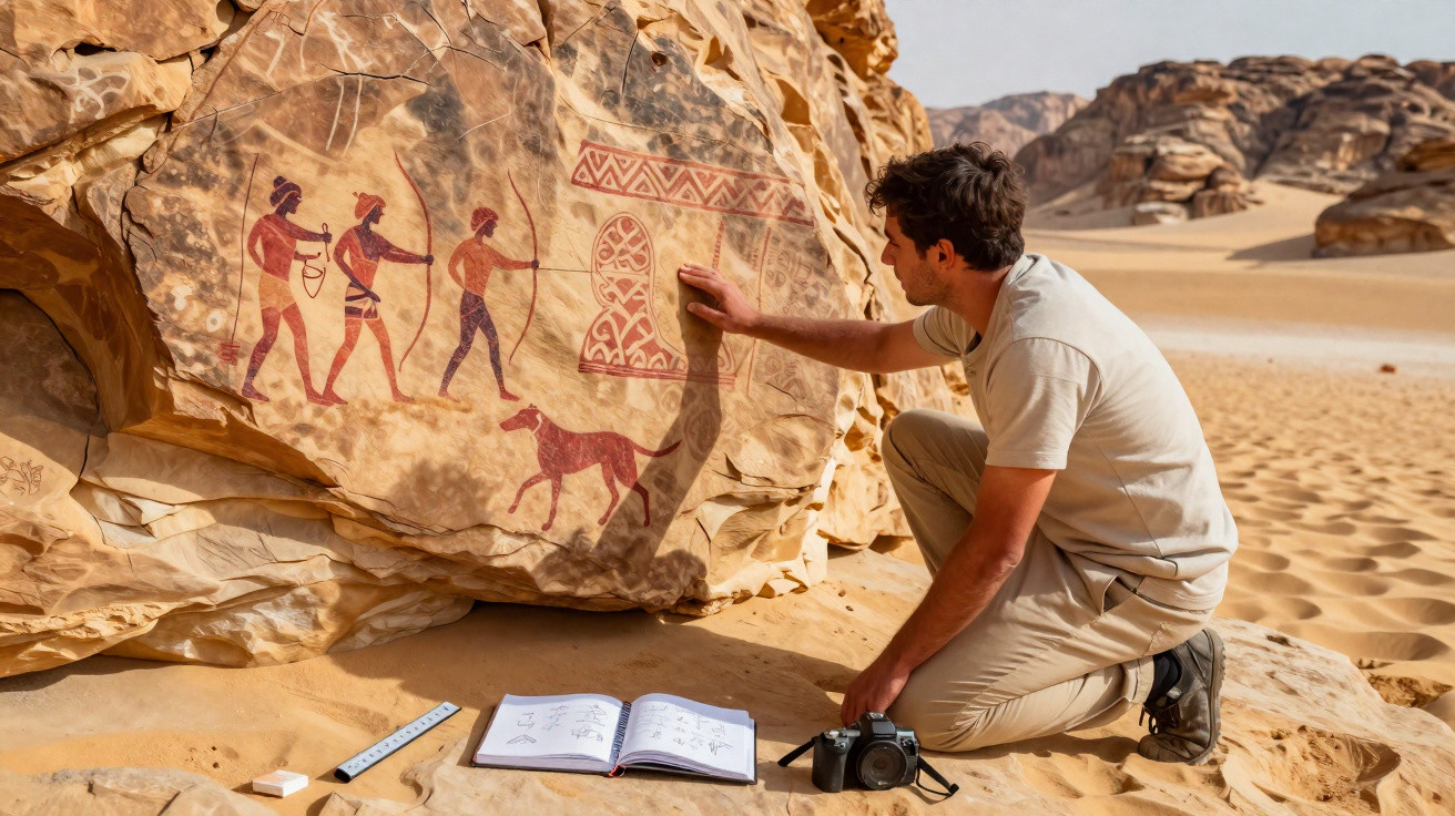 Homem estudando pinturas rupestres em rocha no deserto com caderno e câmera ao lado.