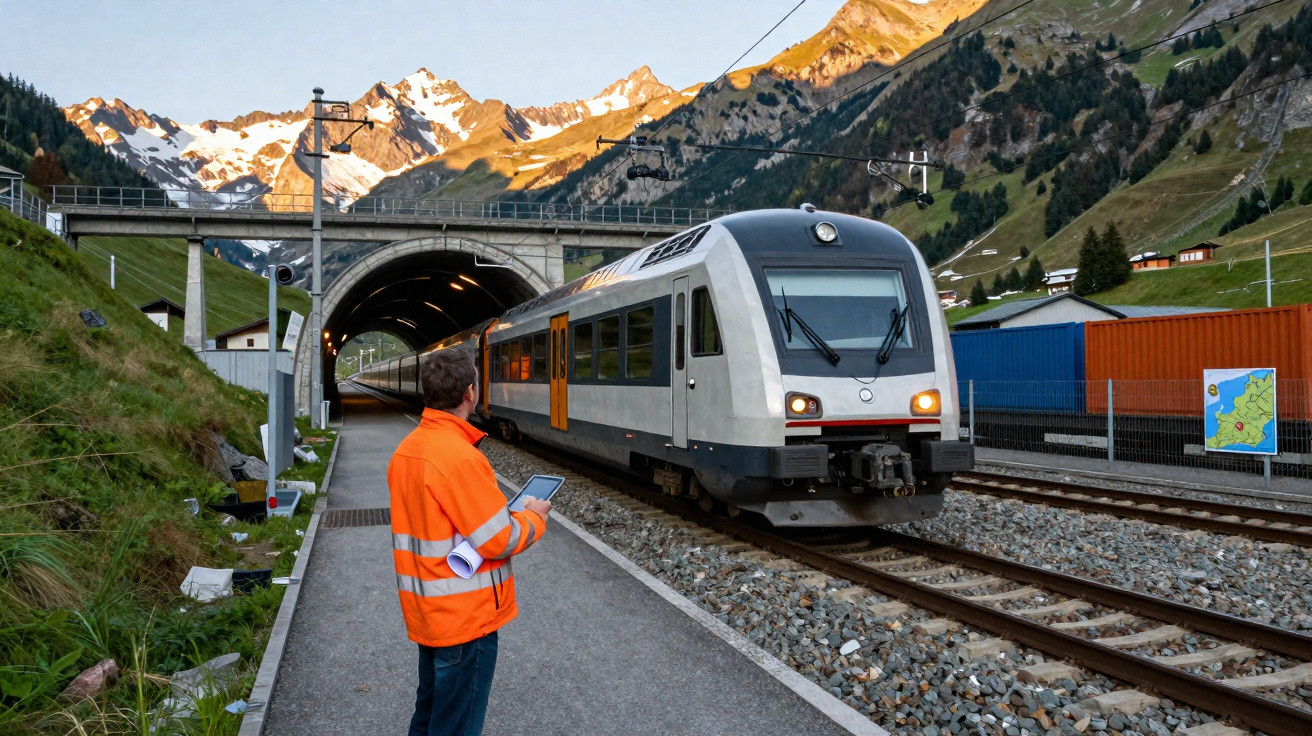 Homem com colete laranja observa trem cinza chegando em estação nas montanhas ao pôr do sol.