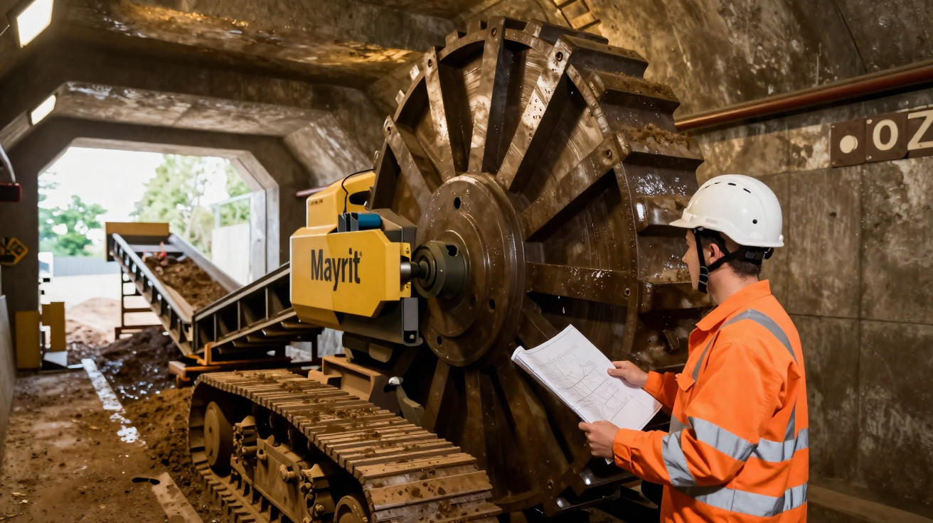 Trabalhador com capacete branco e colete laranja verifica máquina industrial com roda gigante em túnel subterrâneo.