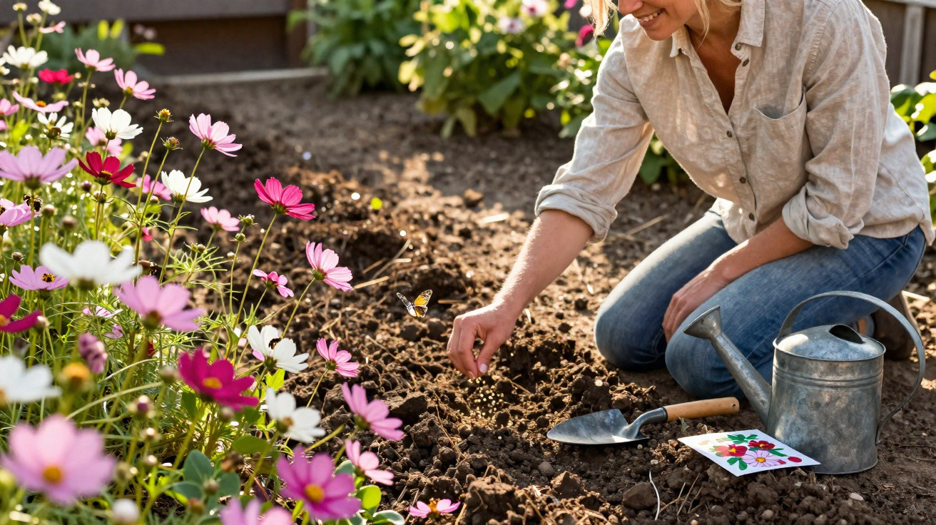 Mulher jardinando e plantando flores coloridas em solo fértil, com regador e enxada ao lado.