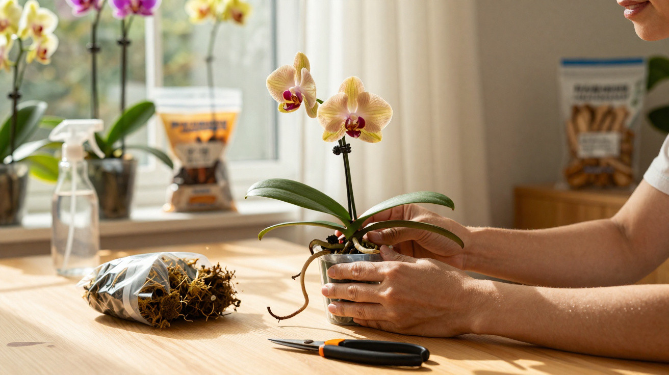 Pessoa cuidando de orquídea amarela em vaso dentro de casa com utensílios de jardinagem sobre a mesa.