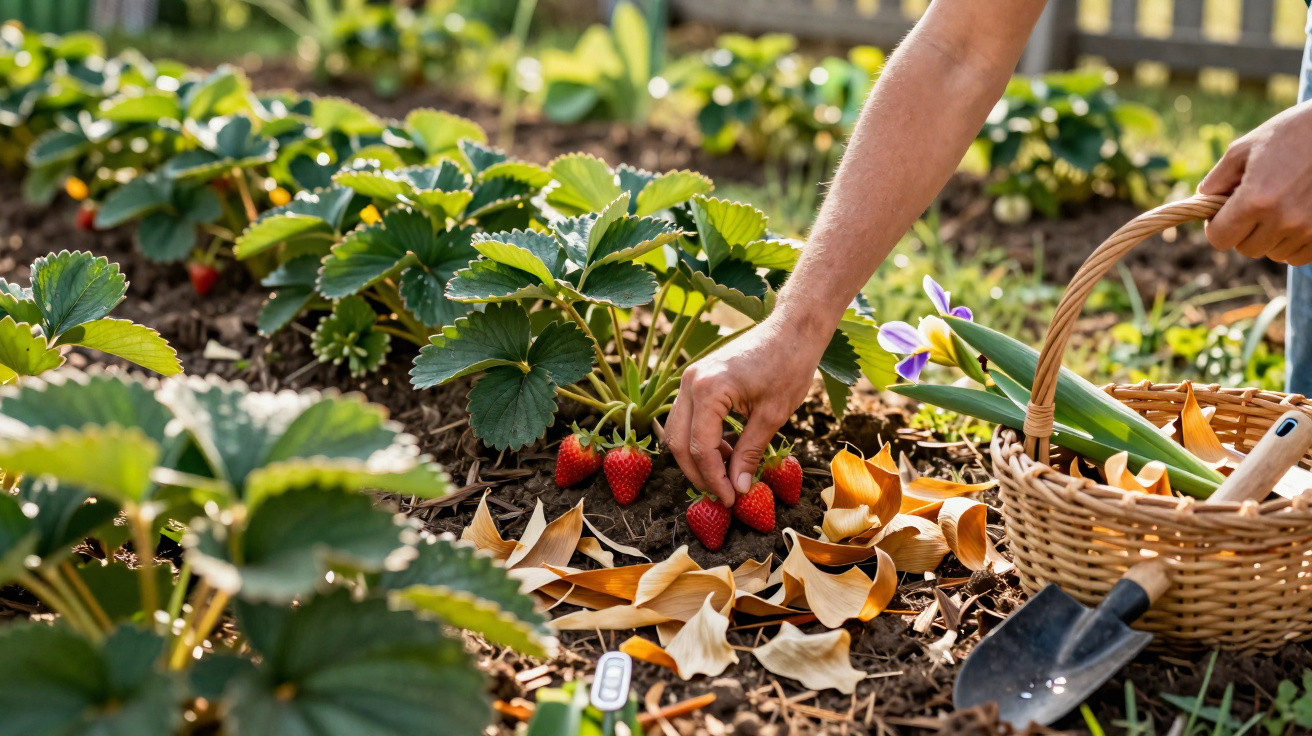 Pessoa colhendo morangos maduros em plantação com cesta e ferramentas de jardinagem ao lado.