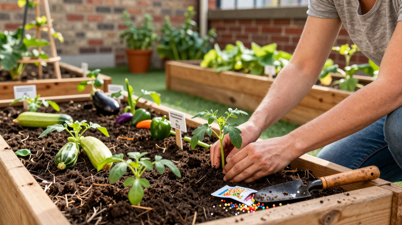 Pessoa plantando muda em canteiro de madeira com legumes e adubo granulado em horta urbana.