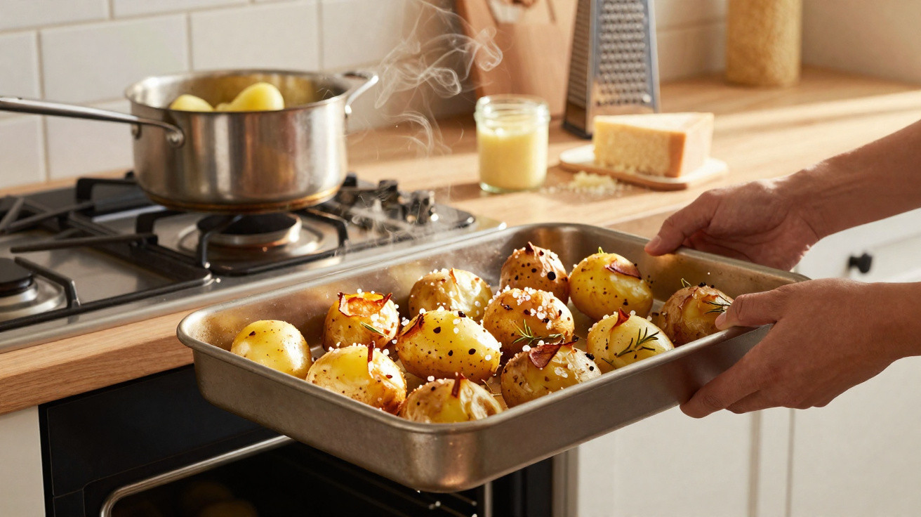 Pessoa segurando assadeira com batatas temperadas antes de colocar no forno em cozinha.
