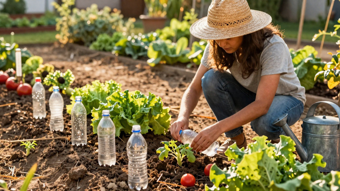 Mulher com chapéu regando plantas em horta com garrafas plásticas usadas como proteção no solo.