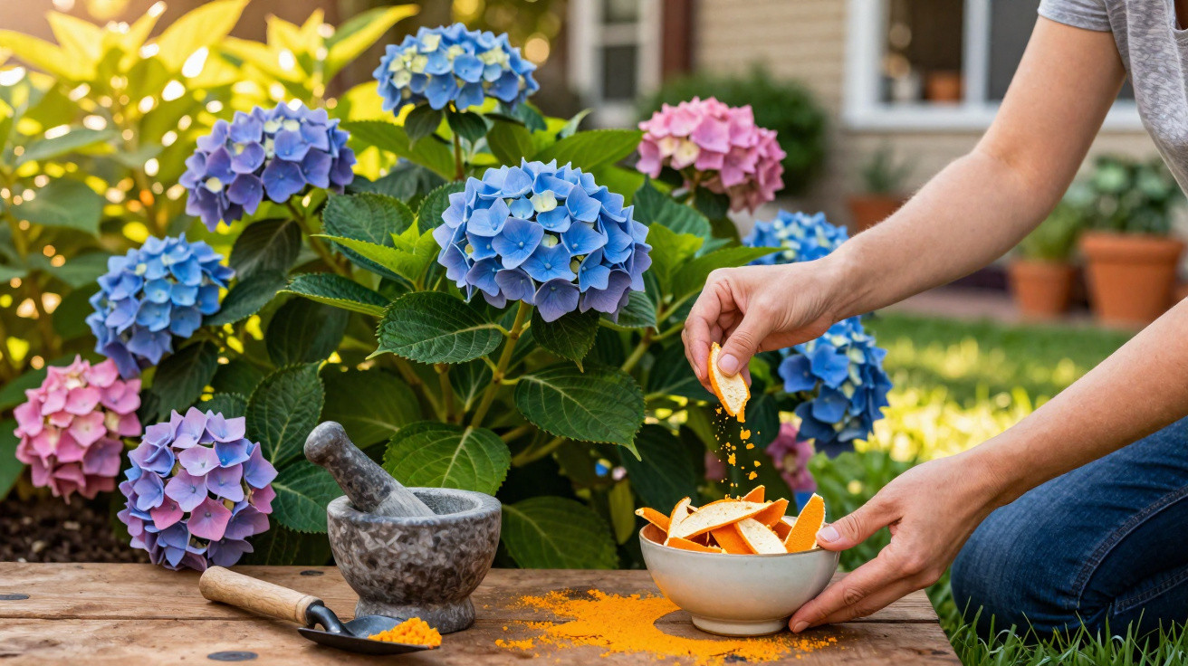 Pessoa preparando remédio natural com cascas de laranja e cúrcuma ao ar livre, perto de flores coloridas.