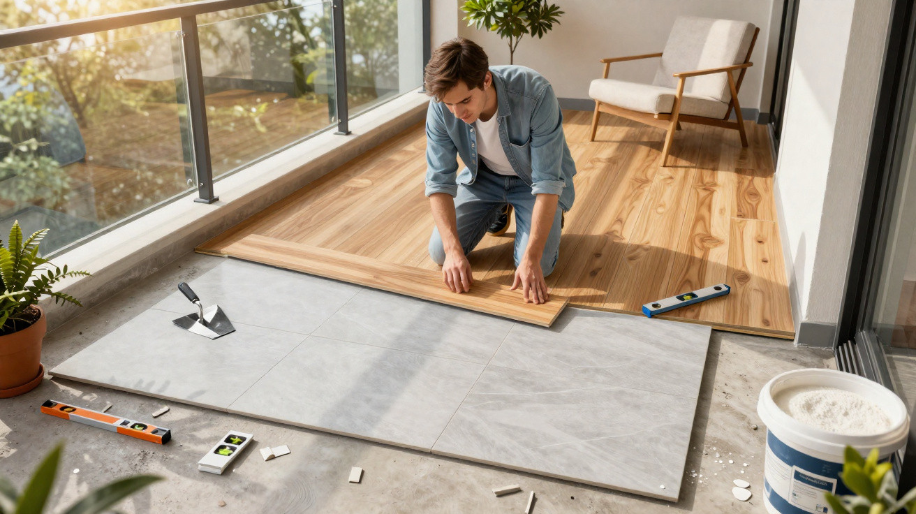 Homem instalando piso laminado sobre revestimento de cerâmica em sacada iluminada.
