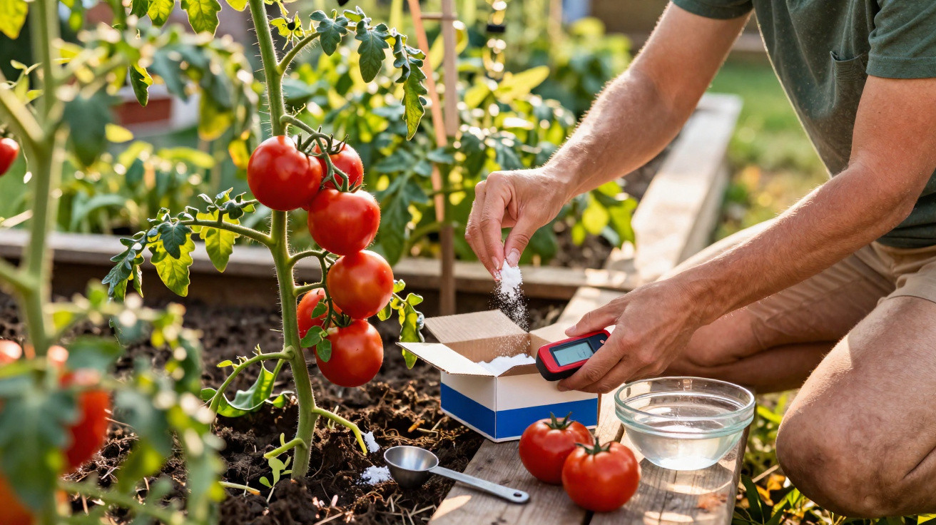 Pessoa aplicando sal em planta de tomate em horta com tomates vermelhos maduros e utensílios ao redor.