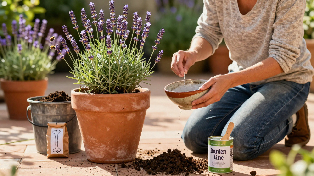 Pessoa regando planta de lavanda em vaso de barro durante jardinagem ao ar livre no dia ensolarado.