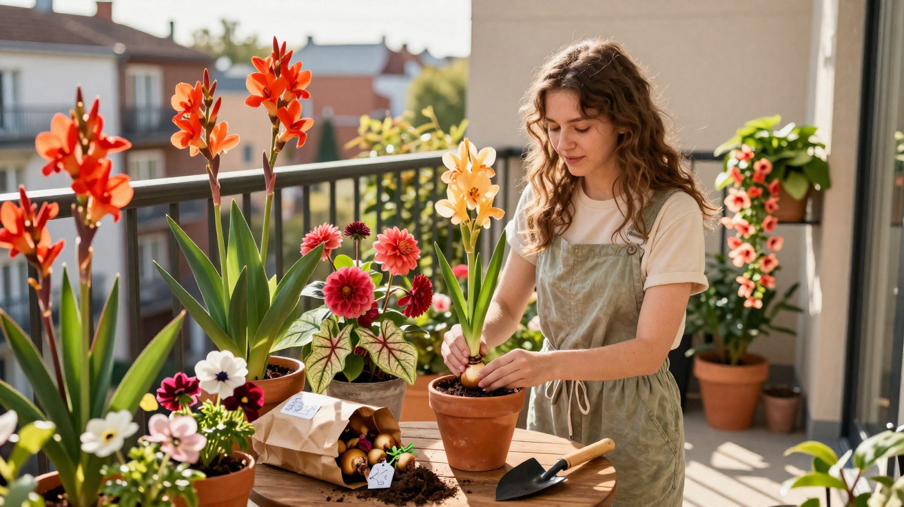 Jovem cuidando de flores em vasos no terraço com diversas plantas coloridas ao redor.