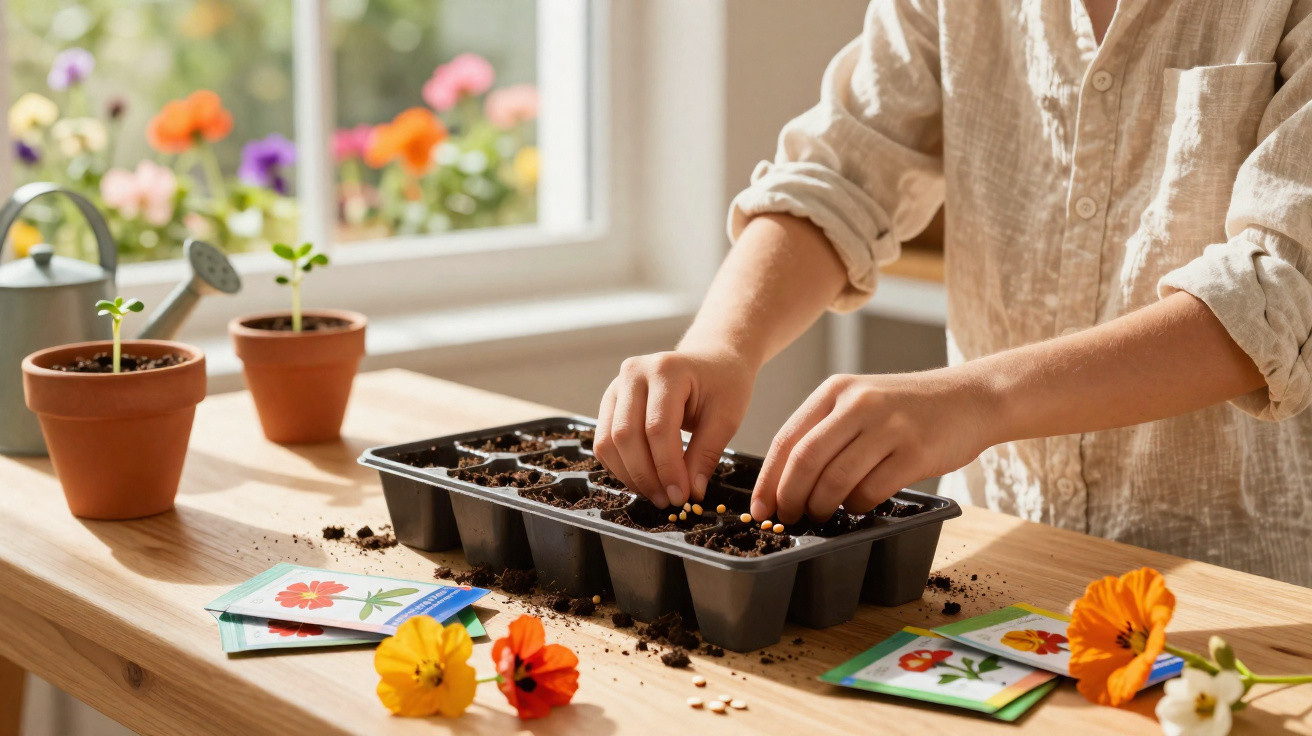 Pessoa plantando sementes em bandeja de germinação próxima a vasos com mudas e flores na mesa.