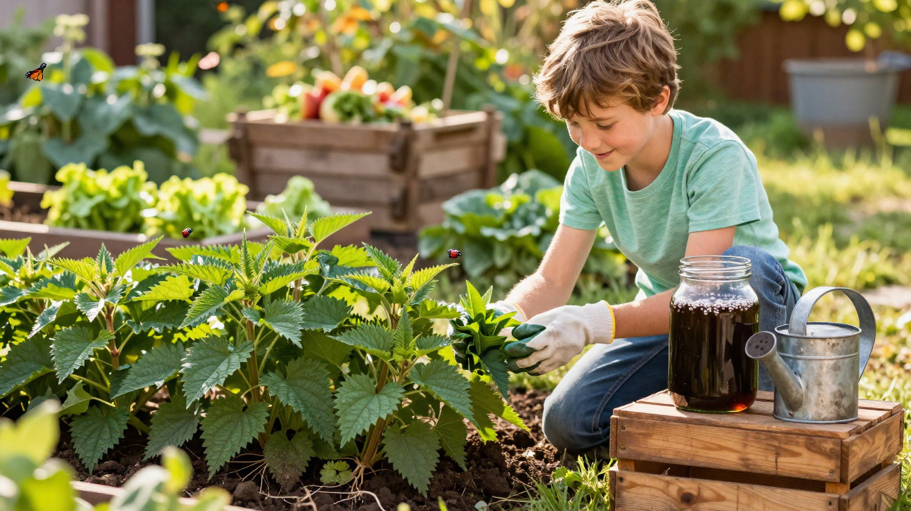 Menino cuidando de plantas em jardim, usando luvas, com regador e jarra ao lado.