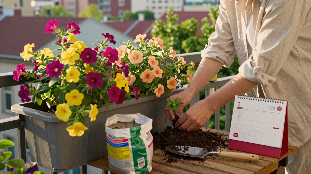 Pessoa transplantando muda em vaso com flores coloridas em varanda ensolarada, com calendário e pacotes de adubo.