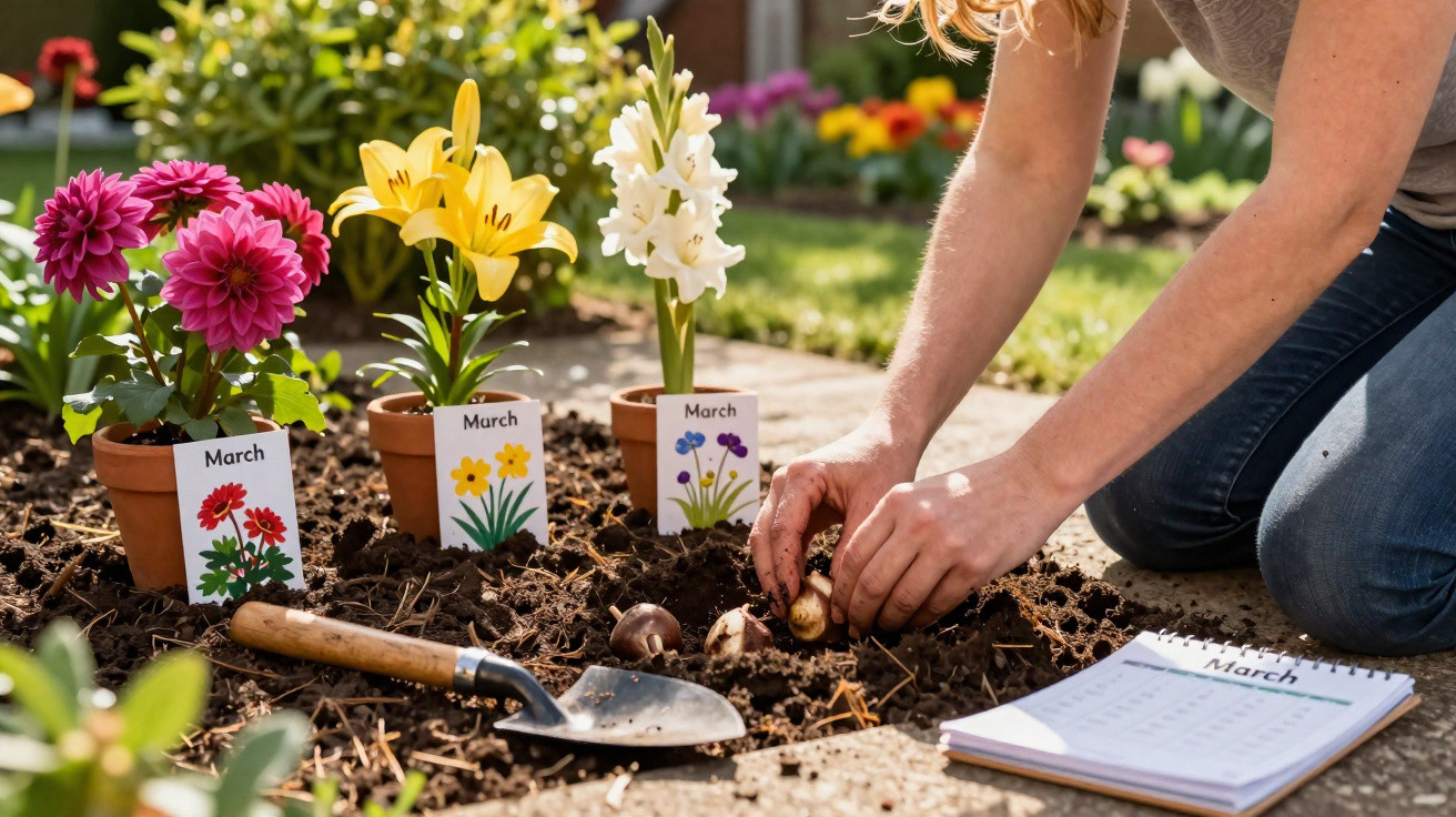 Pessoa plantando bulbos de flores na terra perto de vasos com flores coloridas e calendário de março.