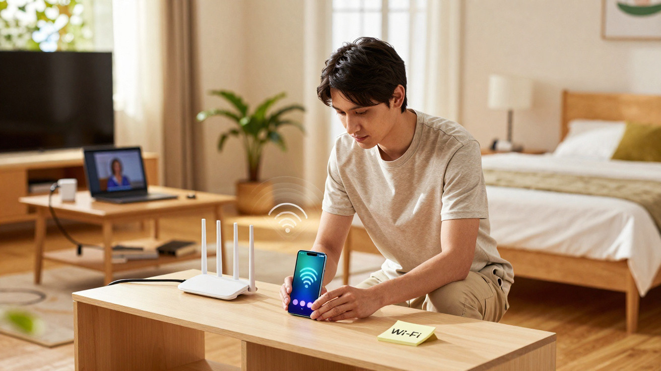 Homem ajusta smartphone conectado ao roteador Wi-Fi em sala com cama ao fundo.