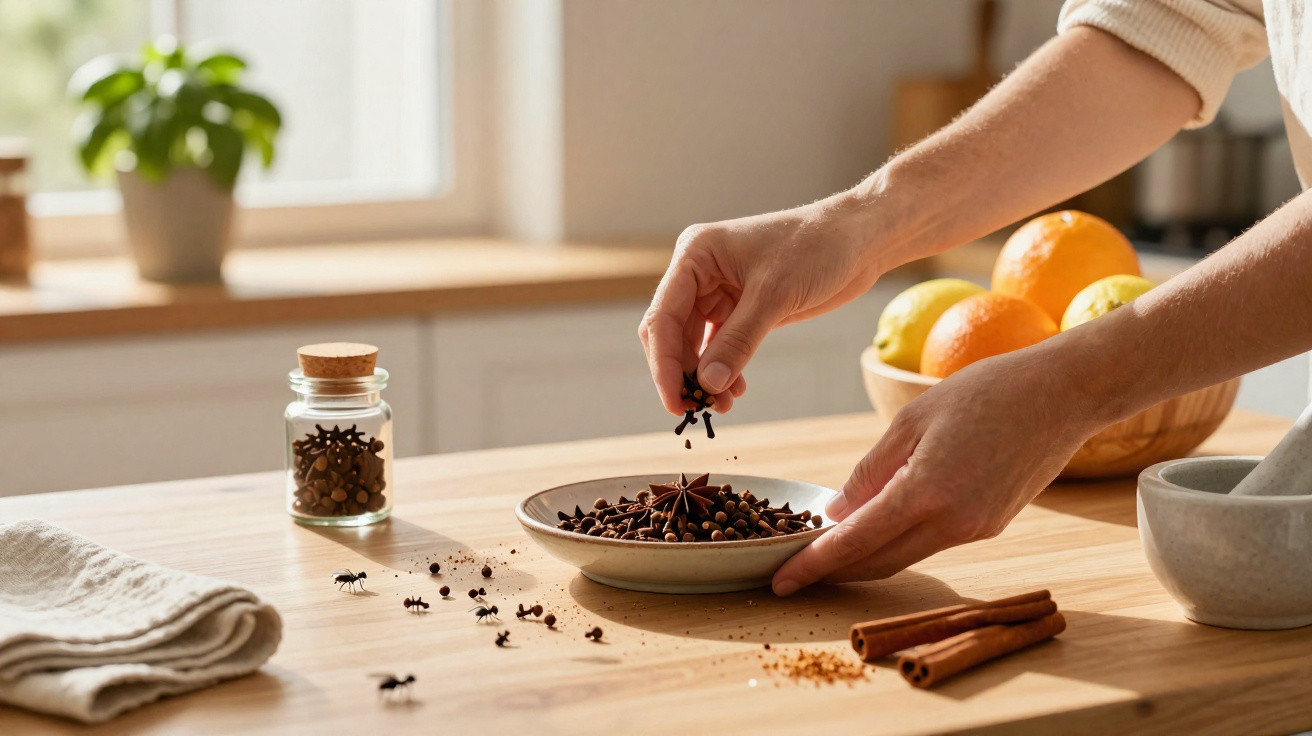 Mãos seguram cravos-da-índia sobre prato com especiarias e duas varas de canela em mesa de cozinha iluminada.