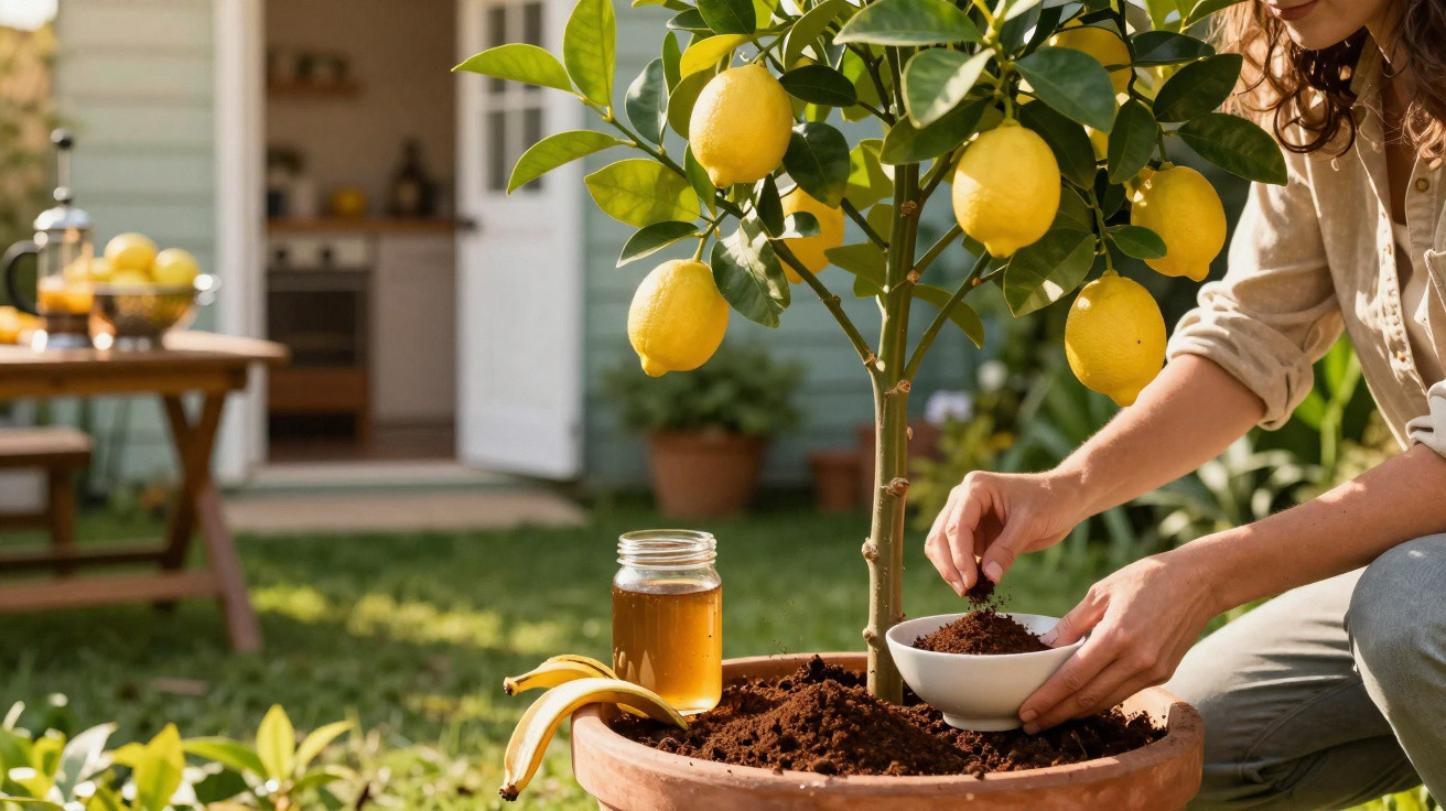 Pessoa cuidando de planta de limão em vaso, com jarra de mel e bananas ao lado no jardim.