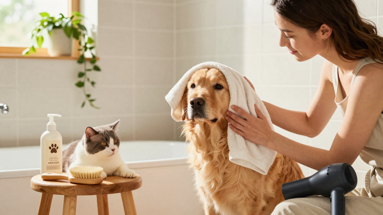 Mulher seca cachorro com toalha, gato observa ao lado de escova e frasco de shampoo em banheiro iluminado.