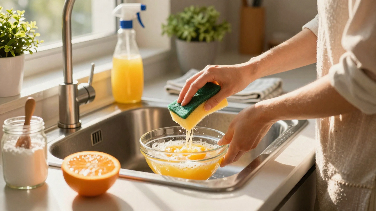 Pessoa espremendo suco de laranja com esponja sobre tigela em pia de cozinha iluminada.