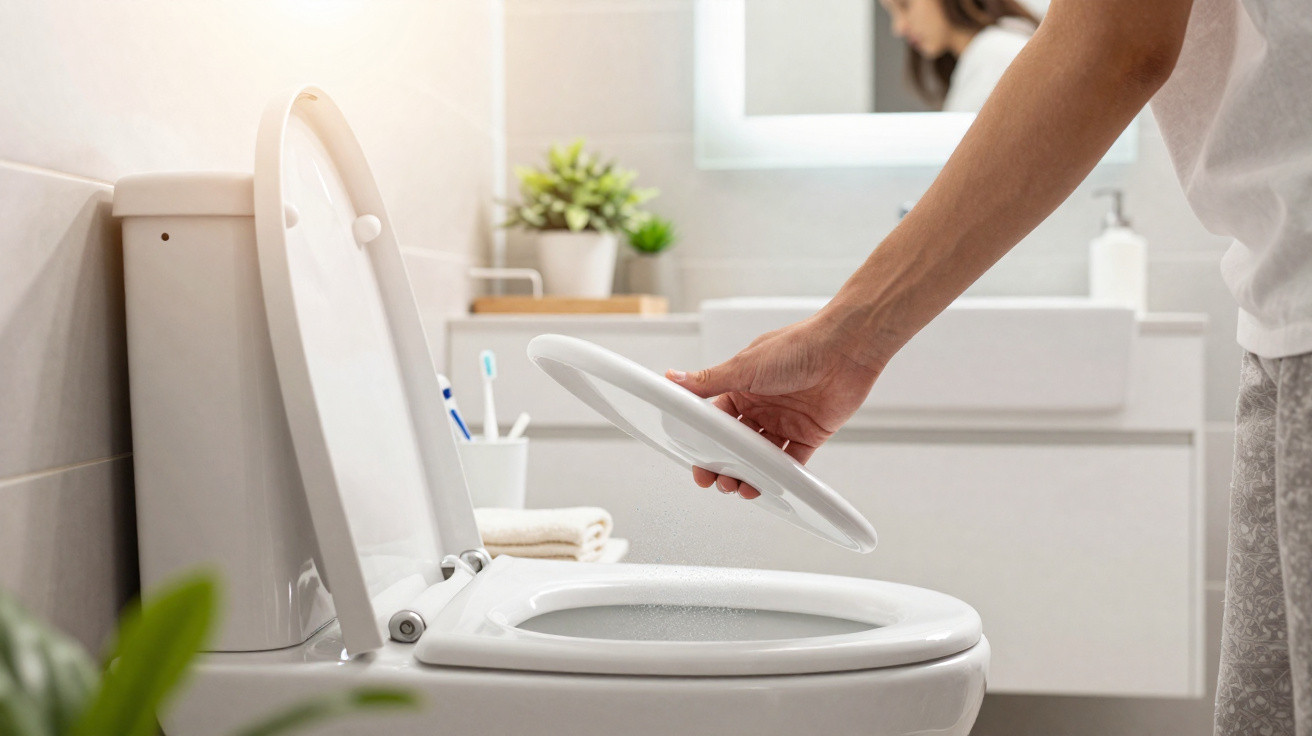 Pessoa abrindo a tampa de vaso sanitário branco em banheiro claro com planta e acessórios ao fundo.