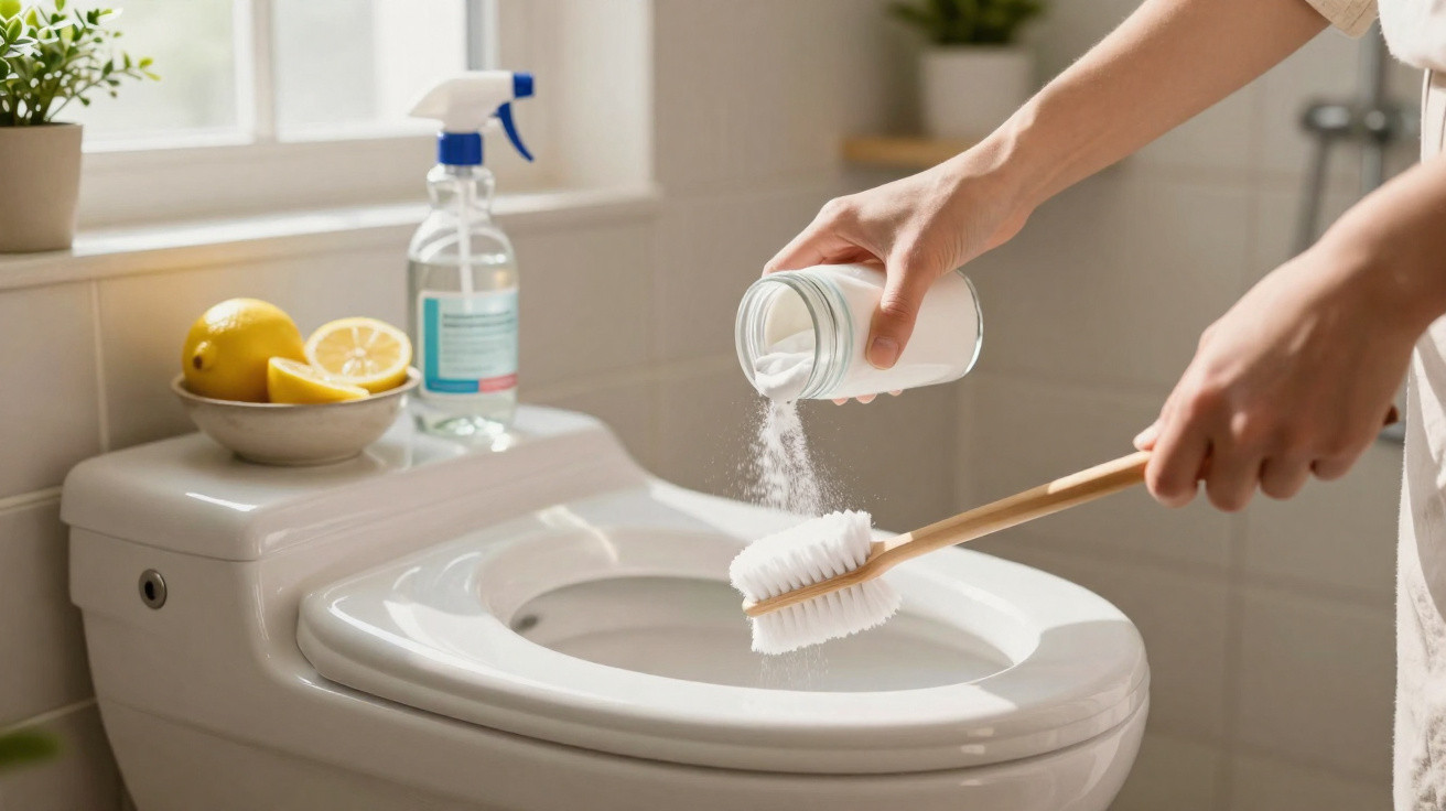 Pessoa despejando pó de limpeza em escova para lavar vaso sanitário branco em banheiro iluminado