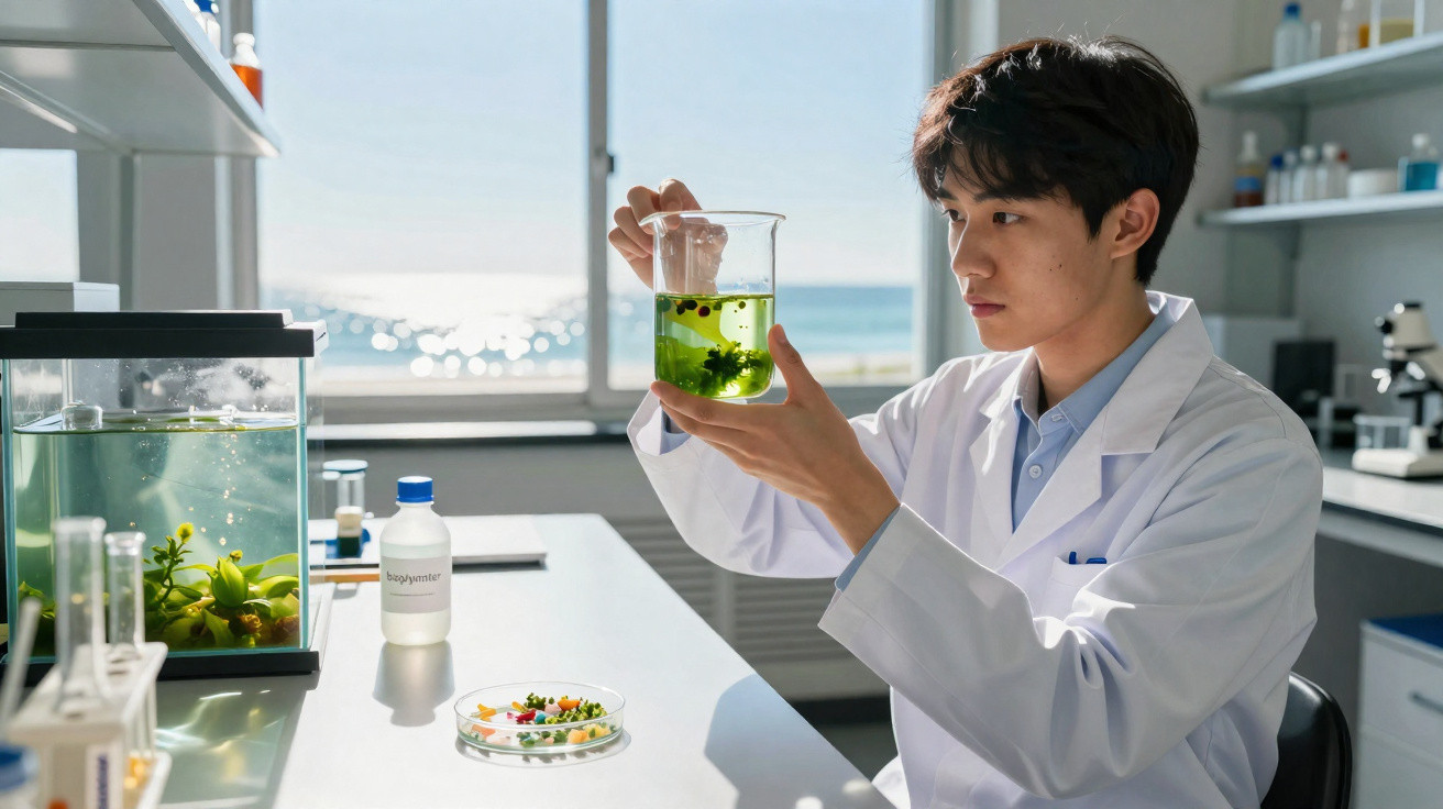 Jovem cientista observa líquido verde em béquer dentro de laboratório com tanque de plantas aquáticas.