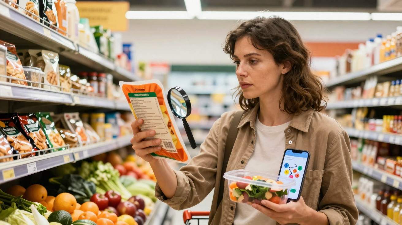 Mulher no supermercado lê informações nutricionais de alimento com lupa enquanto segura celular e salada.