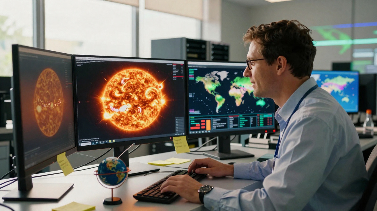 Homem trabalhando em computador com gráficos do Sol e mapa mundial em monitores duplos em escritório moderno.