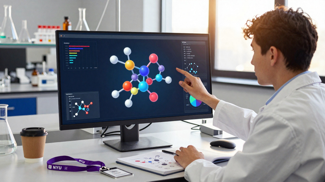 Cientista em laboratório analisando modelo molecular colorido exibido em monitor de computador.