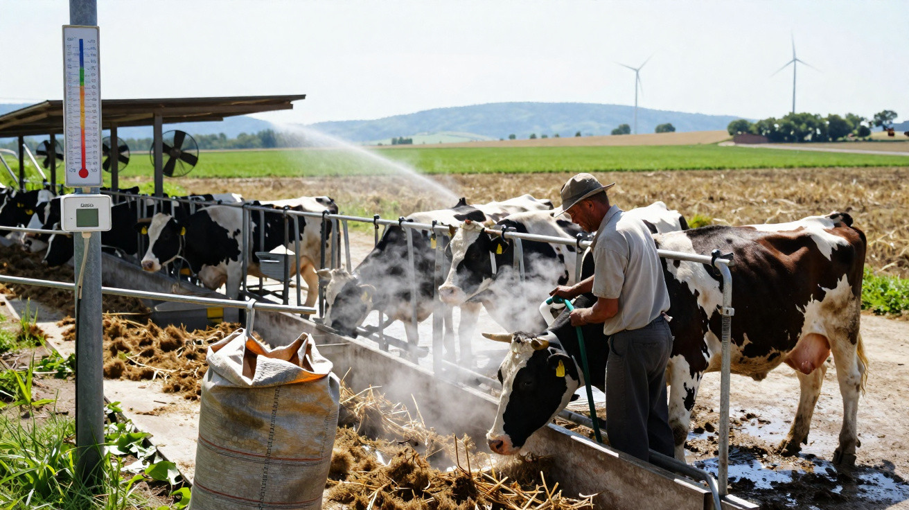 Homem borrifando água em vacas em curral ao ar livre com campo e turbinas ao fundo.