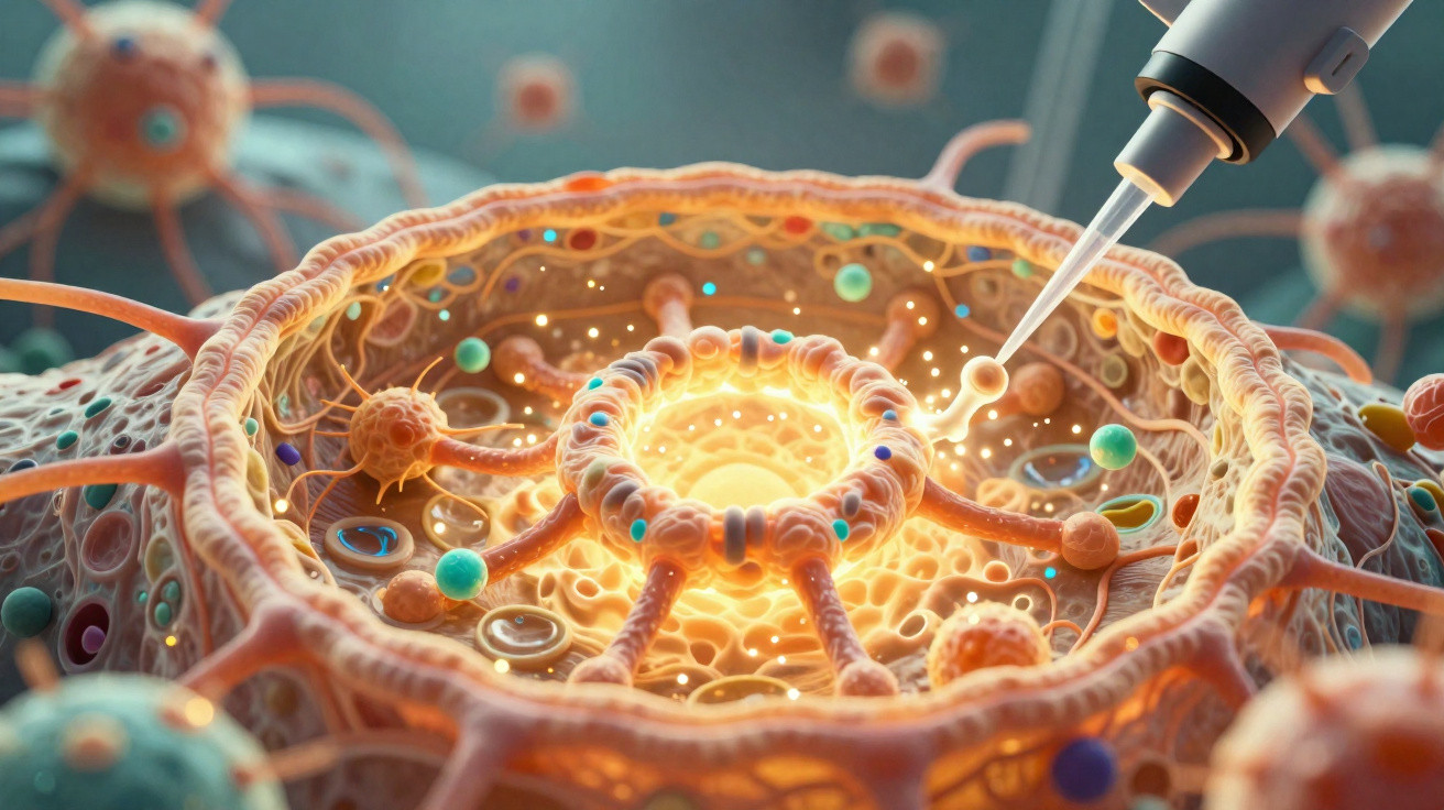 Ilustração digital de uma injeção aplicada no núcleo detalhado de uma célula microscópica.