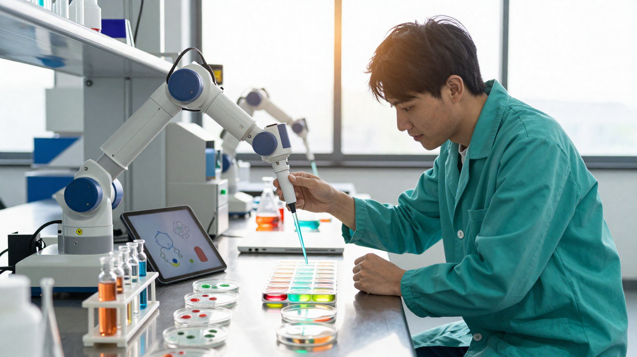 Cientista em jaleco verde usa pipeta robótica para analisar amostras coloridas em laboratório moderno.