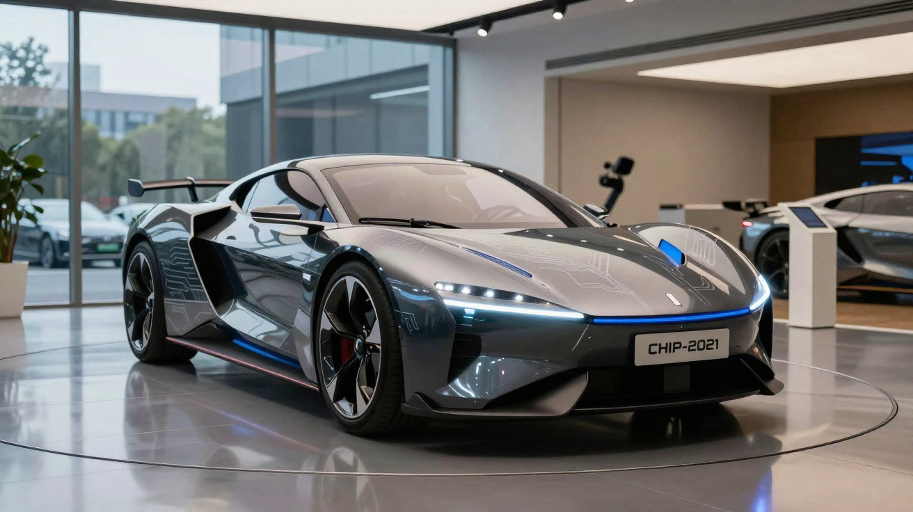 Carro esportivo cinza metalizado com linhas futuristas exibido em showroom moderno e iluminado.