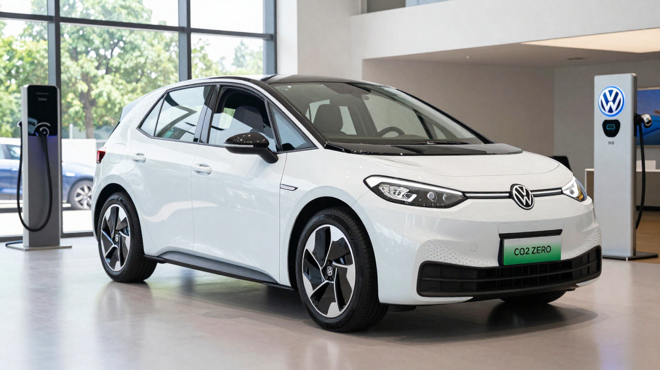 Carro elétrico branco Volkswagen ID.3 em showroom com estação de recarga ao fundo.