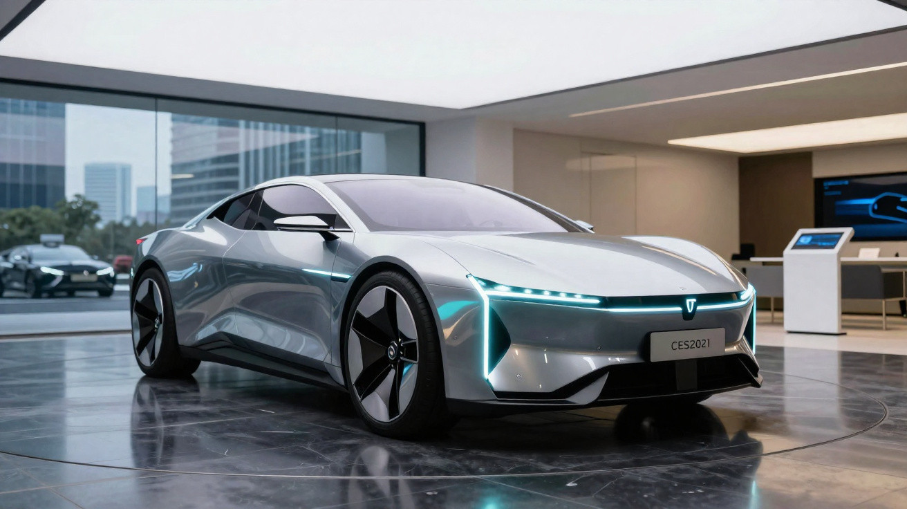 Carro esportivo elétrico prata com design futurista em showroom moderno com piso refletivo.