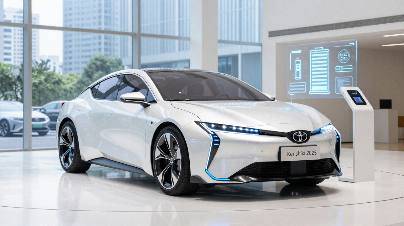 Carro elétrico branco Toyota Kenshiki 2025 exibido em showroom moderno com painel digital holográfico.