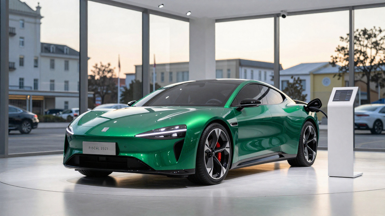 Carro esportivo elétrico verde brilhante estacionado em showroom moderno com parede de vidro.