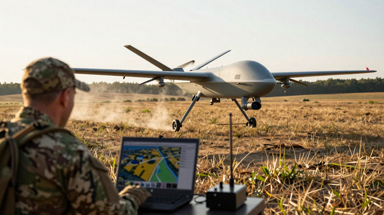 Soldado operando drone militar cinza em campo aberto com notebook e rádio.